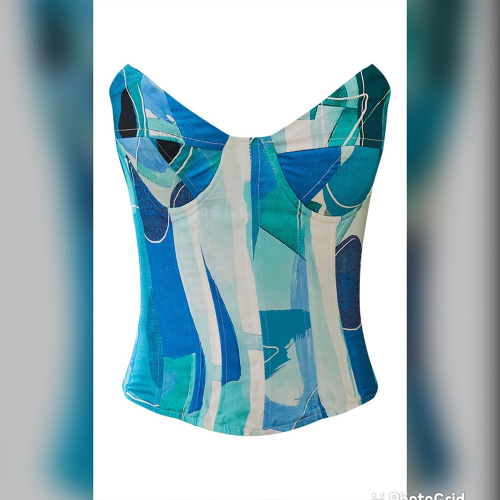 COPY - Blue Abstract Print Satin Structured Bust Detail Corset Top
